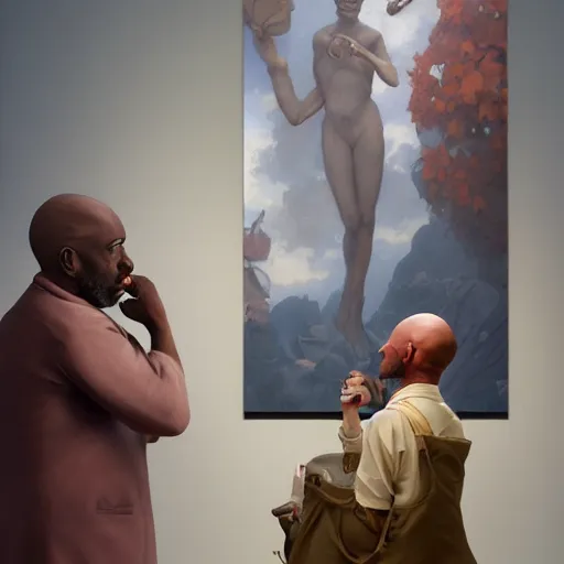 Image similar to a strikingly handsome bald african-american man with a goatee viewing contemporary artworks at the Hirshhorn museum, in the style of Johfra and Shaun Tan, By Ruan Jia and Artgerm and Range Murata and WLOP and Ross Tran and William-Adolphe Bouguereau and Beeple, Fantasy Illustration. octane render, award winning, Artstation, intricate details, realistic, Hyperdetailed, 8k resolution