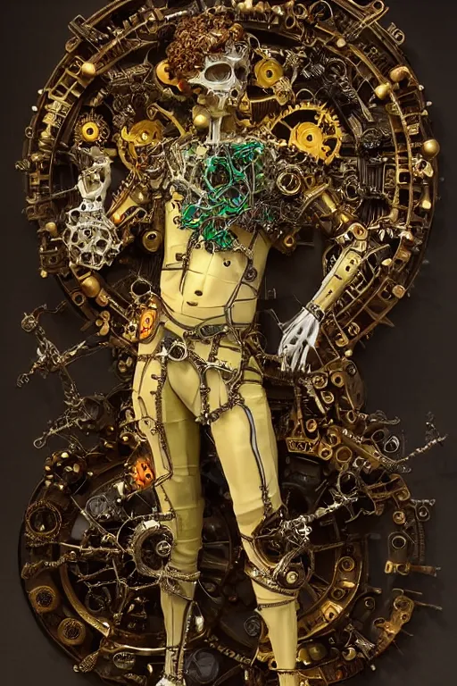Prompt: full-body baroque and cyberpunk style sculpture of a young handsome Spanish prince half android with a chest opening exposing sparking circuitry, glowing green laser eyes, crown of mechanical gears and flowers, flowing golden-colored silk, fabric, steampunk archways. baroque elements, human skull. full-length view. baroque element. intricate artwork by caravaggio. many many birds birds on background. Trending on artstation, octane render, cinematic lighting from the right, hyper realism, octane render, 8k, depth of field, 3D