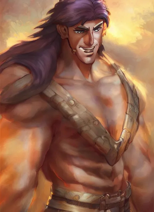 Prompt: official digital painting artwork of a male warrior character by don bluth, artgerm ross tran and studio ghibli.