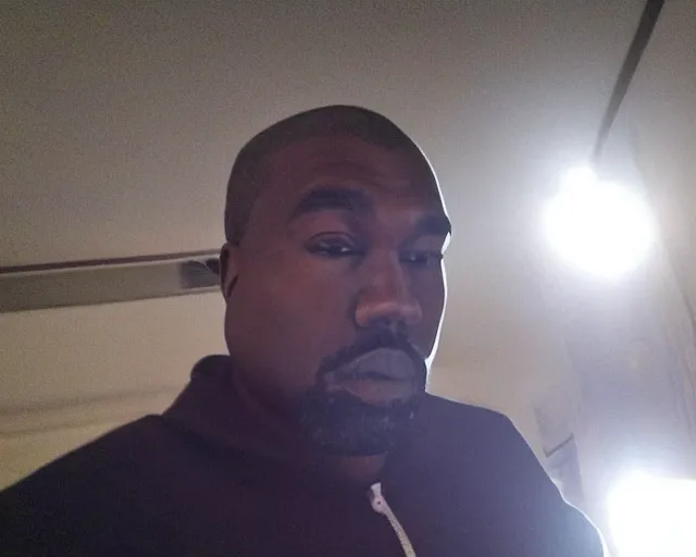 Image similar to my dad that looks like a poor version of Kanye West accidentally taking a selfie with the front camera, squinting because the camera flash is so bright in his face