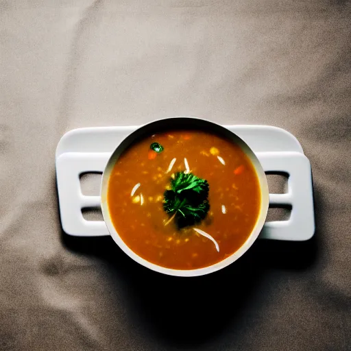 Prompt: a soup with teeth floating inside, food photography