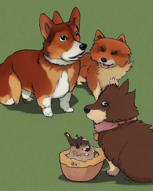 Image similar to illustration of a corgi and a maltipoo playing together by disney and studio ghibli, studio ghibli color scheme, cgsociety, artstation, sharp focus, digital painting