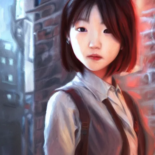 Image similar to a perfect, realistic professional oil painting of a Japanese schoolgirl posing in a dystopian alleyway, close-up, by a professional American senior artist on ArtStation, a high-quality hollywood-style concept