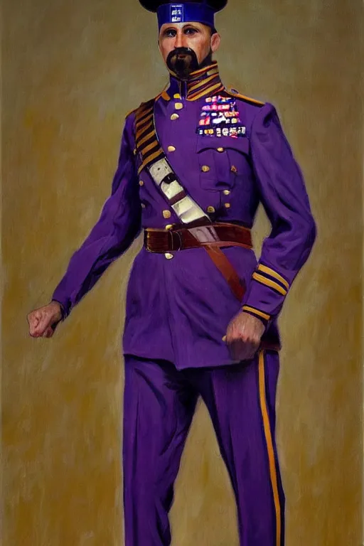 Image similar to full body portrait of the dictator of the sacramento kings, 1 8 8 9, in full military garb, purple, silver, oil on canvas by william sidney mount, trending on artstation