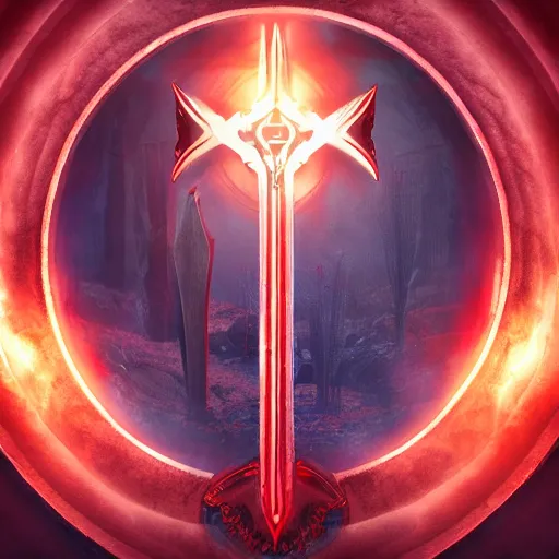 Image similar to full shot of a symmetrical game - icon of horror medieval swords crossed, red powerful fantasy epic legends, game icon stylized, digital illustration radiating, a glowing aura, global illumination, ray tracing, 8 k high definition, intricate details, octane render, unreal engine, trending on arstation