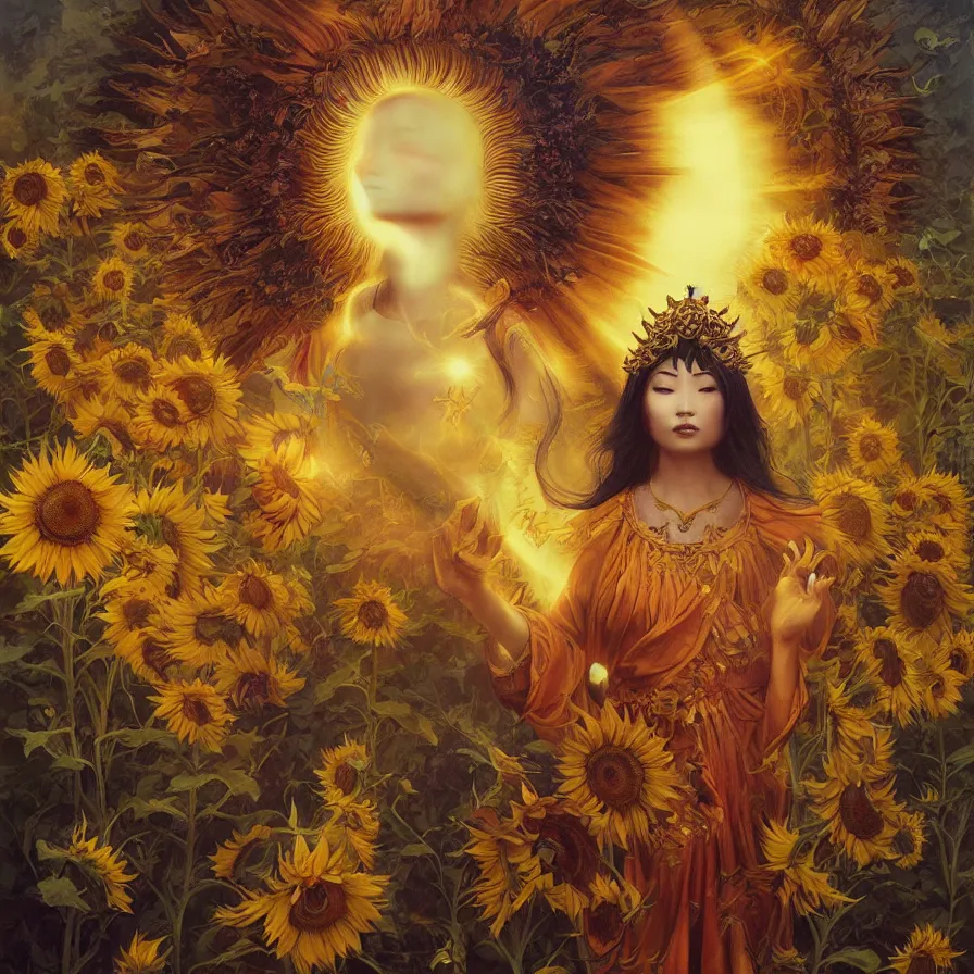 Prompt: The east-asian goddess of sunflower wearing an helianthus golden crown and presiding over the rays of the sun, by Anato Finnstark, Tom Bagshaw, Brom