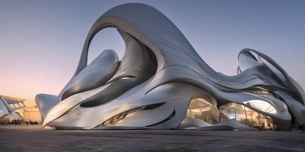 Image similar to extremely detailed ornate stunning sophisticated beautiful elegant futuristic museum exterior by Zaha Hadid, stunning volumetric light, sunset