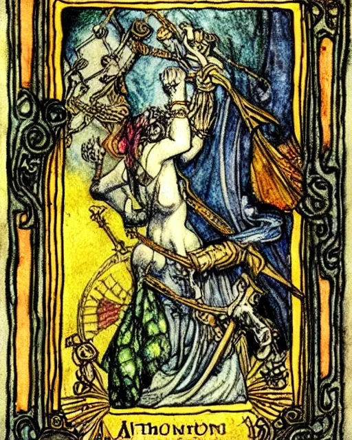 Image similar to tarot card, very detailed painting, illustration, colorful, tarot card ornate frame with roman numerals, in style of Arthur Rackham