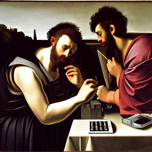 Prompt: man fixing his computer, painting by caravaggio
