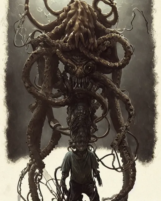 Image similar to a wendigo with gasmask old man | | elderly - face, wrinkled face, realistic shaded perfect face, fine details. anime. tentacles, cthulu, eldritch abomination, dunwitch horror, realistic shaded lighting poster by greg rutkowski, magali villeneuve, artgerm, jeremy lipkin and michael garmash and rob rey