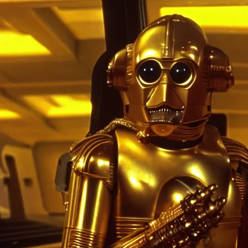 Prompt: A still of C3PO as Han Solo from Star Wars The Empire Strikes Back. Extremely detailed. Beautiful. 4K. Award winning.