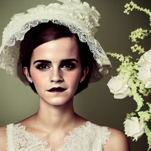 Prompt: on texture paper full body fashion model emma watson smokey eyes makeup eye shadow fantasy, glow, shimmer as victorian woman in a long white frilly lace dress and a large white hat having tea in a sunroom filled with flowers, roses and lush fern flowers ,intricate, night, highly detailed, dramatic lighting , high quality