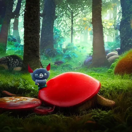 Prompt: beautiful cinematography of a cute fury monster eating lunch sitting on a red mushroom in a fantasy forest with living trees, in the style of a Pixar movie, wide shot, sharp and detailed, 3D model, 3D rendering, Octane render, raytracing, cinematic volumetric lighting