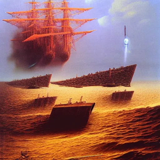 Image similar to naval cannon firing by Zdzisław Beksiński, oil on canvas