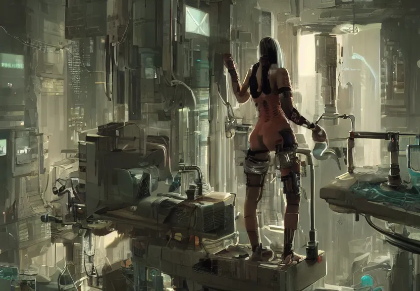 Image similar to cyberpunk girl replacing her leg in a laboratory, epic, artwork by Inceoglu, Ismail