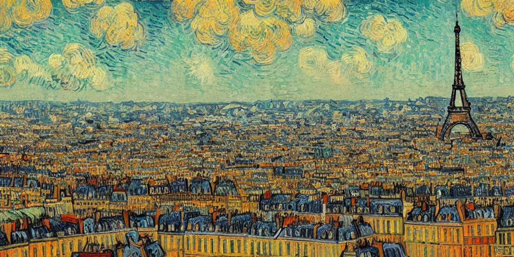 Prompt: highly detailed painting of Paris 1888 by van gogh, vivid colors, trending on artstation, 8K, ultra wide angle, pincushion lens effect