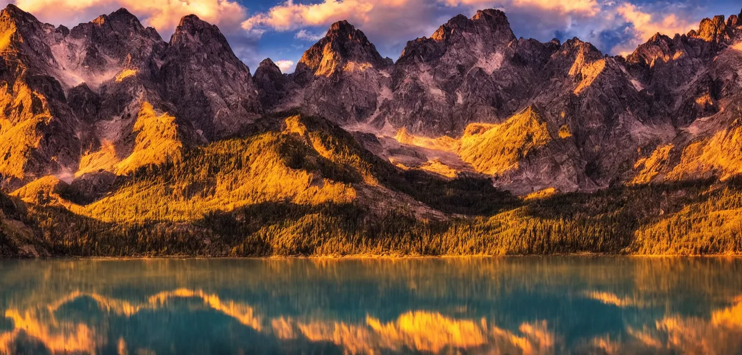 Prompt: amazing landscape photo of mountains with lake in sunset, beautiful dramatic lighting