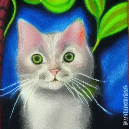 Prompt: happy cat using pastel painting