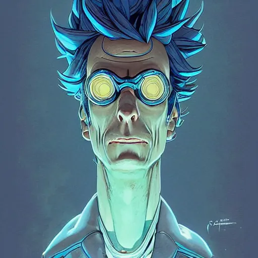 Prompt: bender futuristic rick sanchez futurama portrait by charles vess and james jean and erik jones and rhads, inspired by ghost in the shell, beautiful fine face features, intricate high details, sharp, ultradetailed