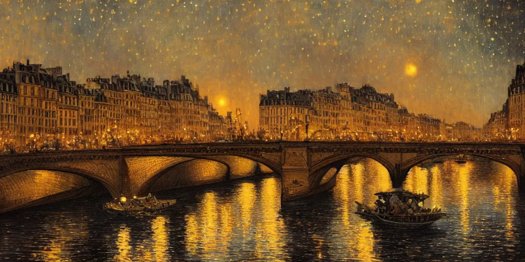 Image similar to a view from the amstel river in paris at night with the sky full of stars, intricate, elegant, highly detailed, digital painting, artstation, concept art, smooth, sharp focus, colored illustration for tattoo, art by krenz cushart and artem demura and alphonse mucha