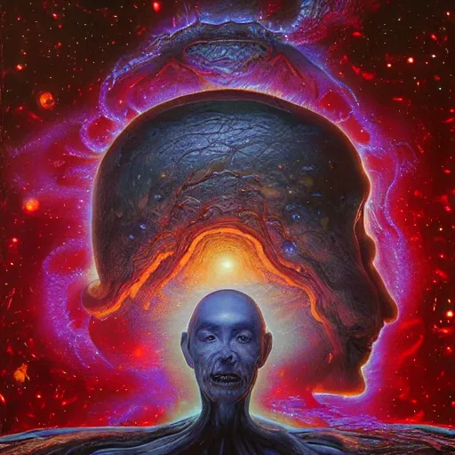 Prompt: A beautiful detailed cosmic horror portrait painting 'Head floating in the dimension of doom' by Takashi Murakami and Wayne Barlowe, hubble deep field in the background, Trending on cgsociety artstation, 8k, masterpiece, in the style of DiscoDiffusion.