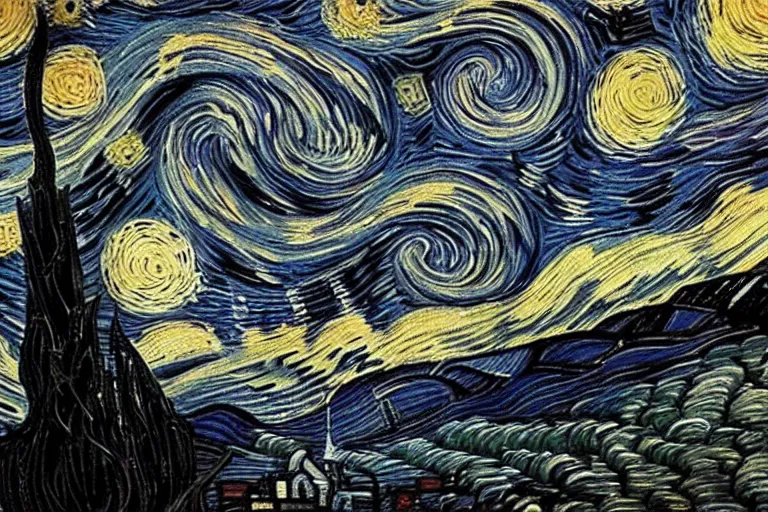 Prompt: man is seeing old god eldritch horror cthulhu terrifying the night sky of a city, epic scene, hyper - detailed, gigantic cthulhu, photo - realistic wallpaper, dark art, van gogh style