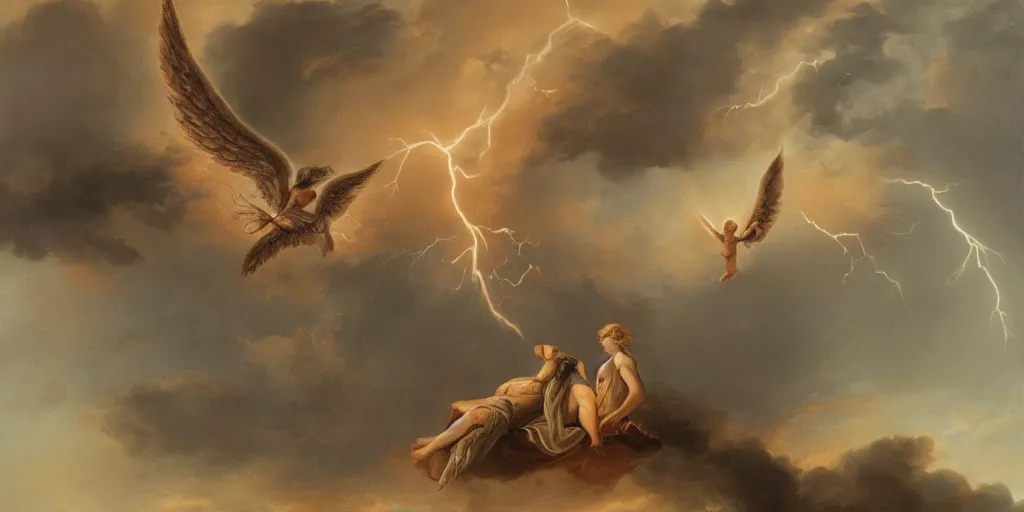 Prompt: young couple falling through clouds, winged angel & demon with tail. background clouds, illuminated by lightning and fire