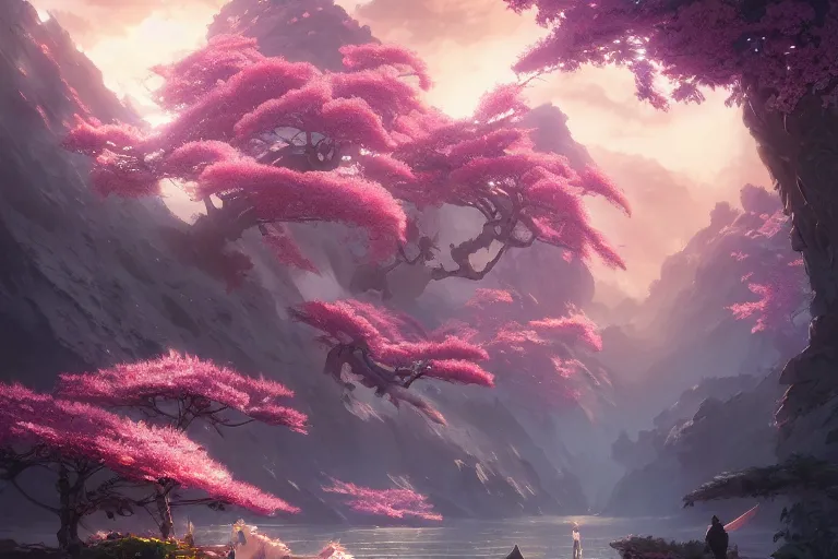 Image similar to dragon, cherry blossoms, thunder, unreal engine, fantasy art by greg rutkowski, loish, rhads, ferdinand knab, makoto shinkai and lois van baarle, ilya kuvshinov, rossdraws, tom bagshaw, global illumination, radiant light, detailed and intricate environment