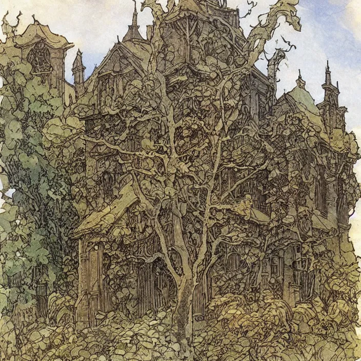 Image similar to a building in a landscape, by rebecca guay