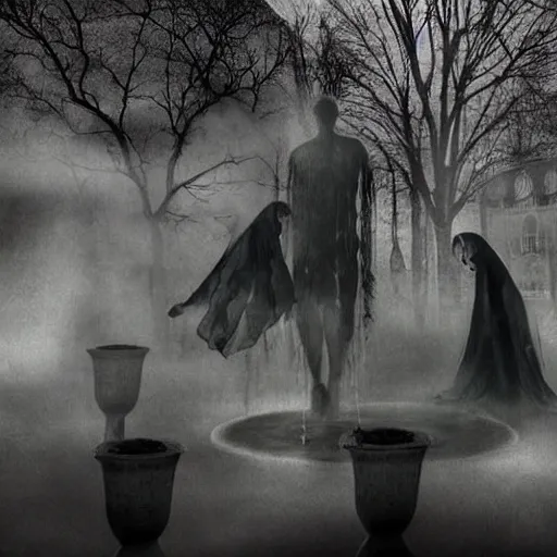 Prompt: the ghosts of the past, present and the future dancing around the fountain of youth and wisdom translucent transparent smoke photorealistic creepy dark foreboding unearthly ghoulish