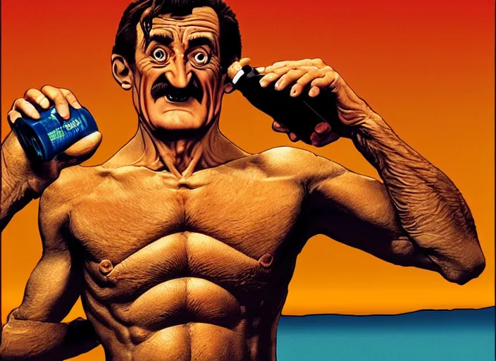 Image similar to barry chuckle chugging a bottle of snake oil, artwork by richard corben, 3 d, high resolution 8 k