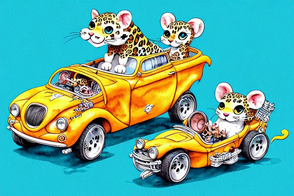 Image similar to cute and funny, leopard riding in a tiny hot rod with oversized engine, ratfink style by ed roth, centered award winning watercolor pen illustration, isometric illustration by chihiro iwasaki, edited by range murata, tiny details by artgerm and watercolor girl, symmetrically isometrically centered