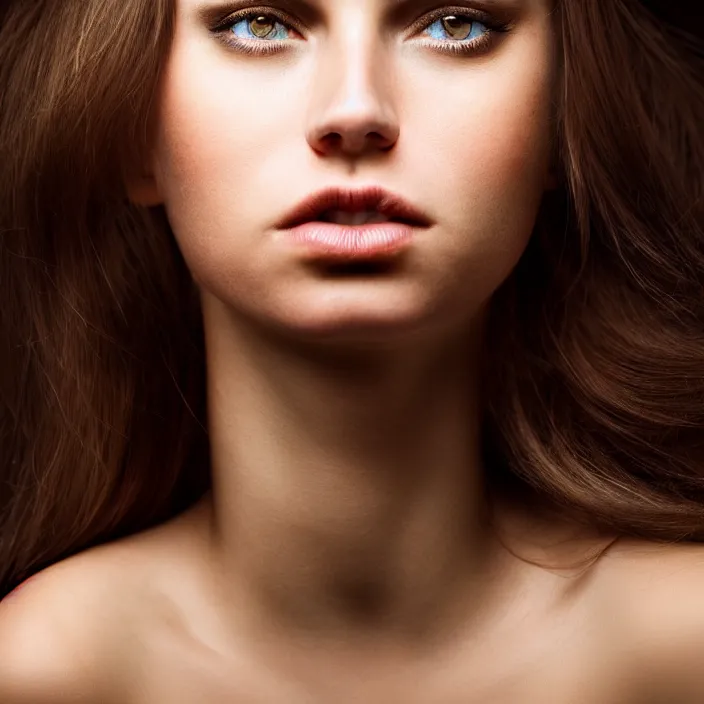 Image similar to photographic Close-up face of a extremely beautiful girl with light brown hair , high light on the left, non-illuminated backdrop, illuminated by a dramatic light, Low key lighting, light dark, High constrast, dramatic , Steve Mccurry, Greg Rutkowski, Alphonse Mucha ,dark background, high quality, photo-realistic, 8K,