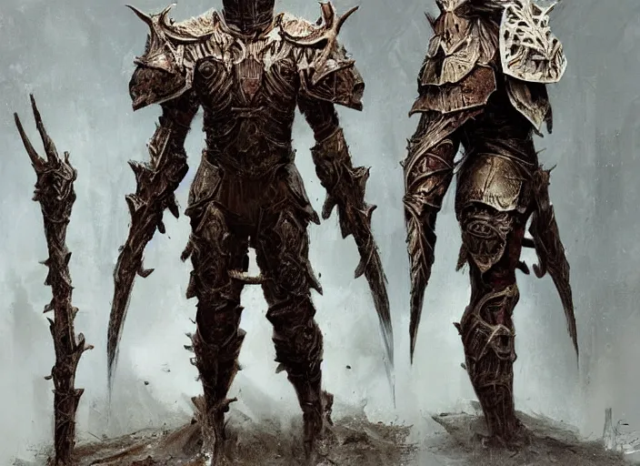 Prompt: cruxible knight concept, clad in tree bark ornamented armor, beksinski, ruan jia, dark soul concept art, infinity blade armor