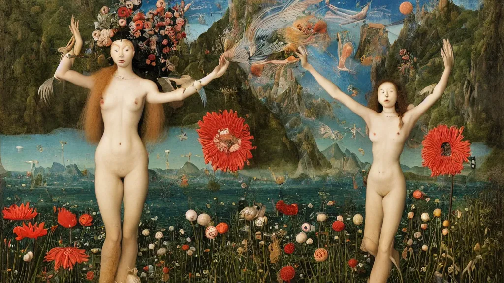 Prompt: a fish eye lense photograph of a meditating harpy mermaid surrounded by towering bulbous flowers. wide landscape with mountains, river. clear blue sky with stars. painted by jan van eyck, max ernst and ernst haeckel. trending on artstation, 8 k, award winning, fashion editorial, mythology, photorealistic, burning eyes