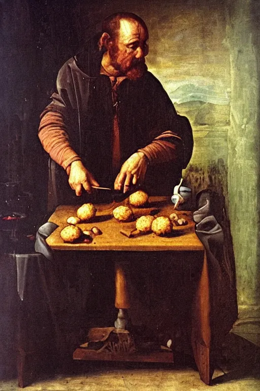 Image similar to mi grandfather eating croquettes, renaissance oil painting, dark environment