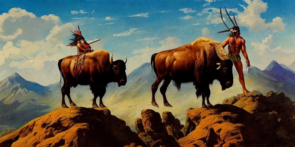 Image similar to native american riding bison, buffalo, native american warrior, mountain range, beautiful sky, standing on the edge of a cliff, 1 9 th century, painted by frazetta