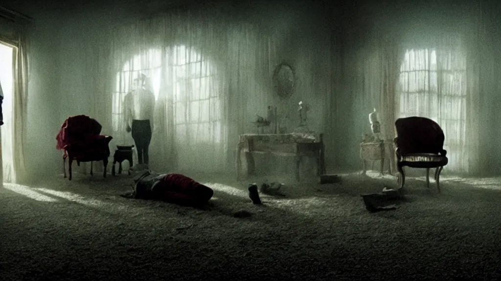 Image similar to the strangers inside the upside down house, film still from the movie directed by denis villeneuve and david cronenberg, with art direction by salvador dali, wide lens