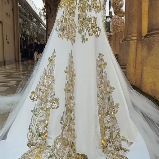 Image similar to a long wedding dress with a train made of flower petals made of light - colored fabric. transparent in places. in places, patterns of precious stones. intricate patterns of gold thin threads. fantasy. clear details