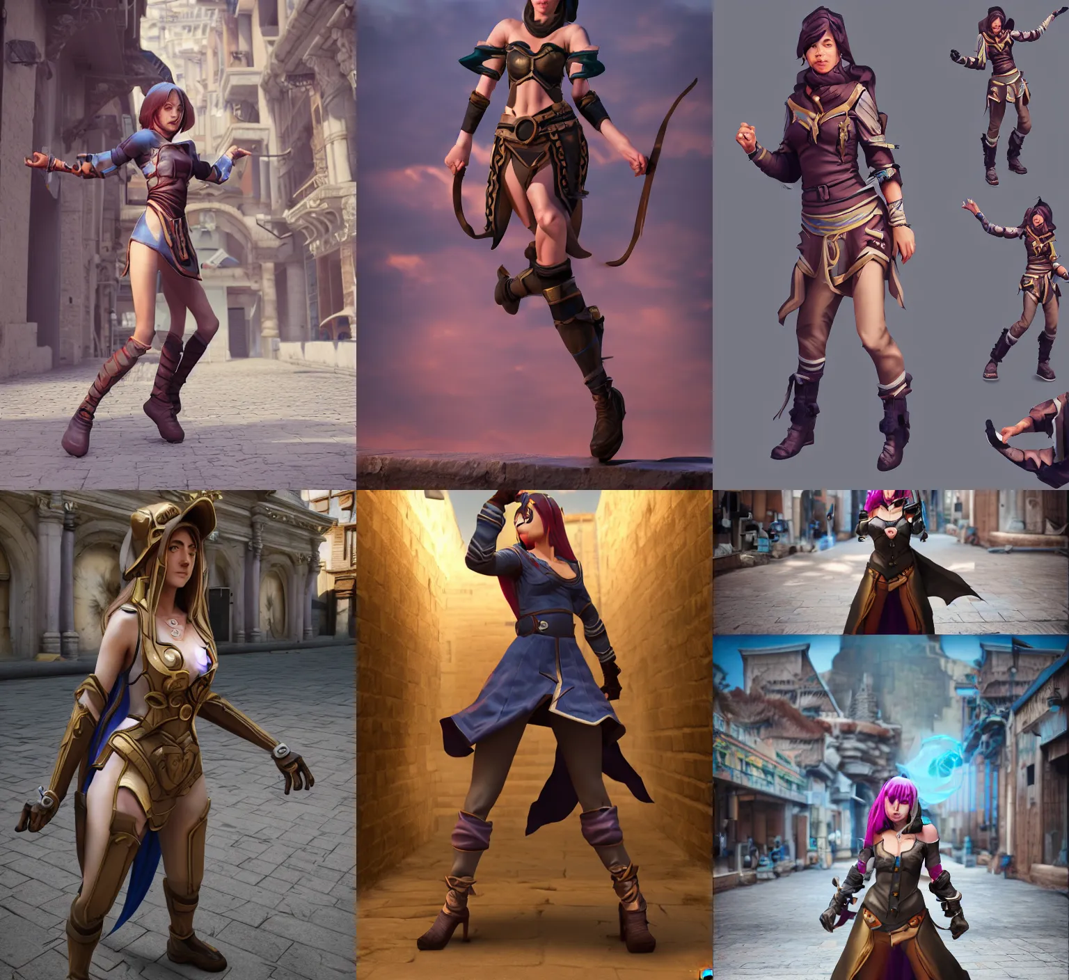 Image similar to action pose reference, procedurally generated, epic mage girl character, costume design from shopping mall, ancient city streets behind her, substance designer, PBR, HD, Ultra detailed, hyperrealistic, megascans, volumetric light, concept by master artist, good looking face, natural light, crazy angle