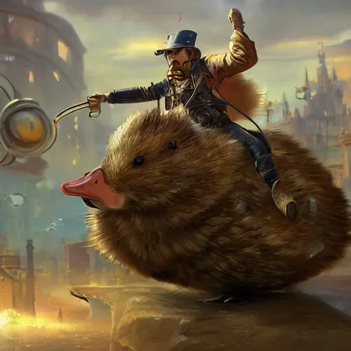 Image similar to oil painting of hamster riding giant duck, steampunk clothes, steampunk city background, sharp focus, fantasy style, octane render, volumetric lighting, 8k high definition, by greg rutkowski, highly detailed, trending on art Station, explosions, centered