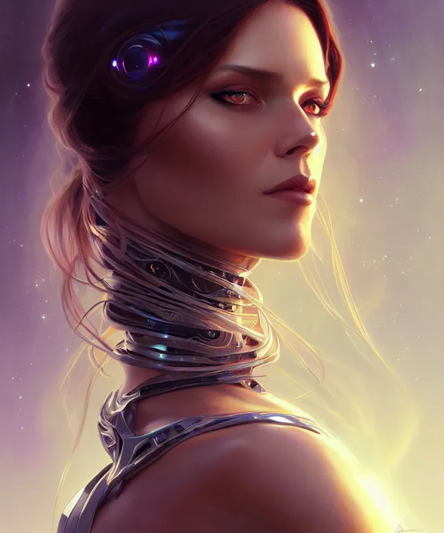 Image similar to futuristic woman portrait, sci-fi, amber eyes, face, long hair, fantasy, intricate, elegant, highly detailed, digital painting, artstation, concept art, smooth, sharp focus, illustration, art by artgerm and greg rutkowski and alphonse mucha