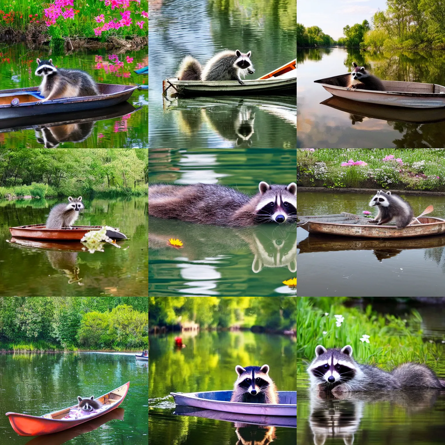 Prompt: a racoon in a boat floating down the river, racoon, flowers, trees, reflections