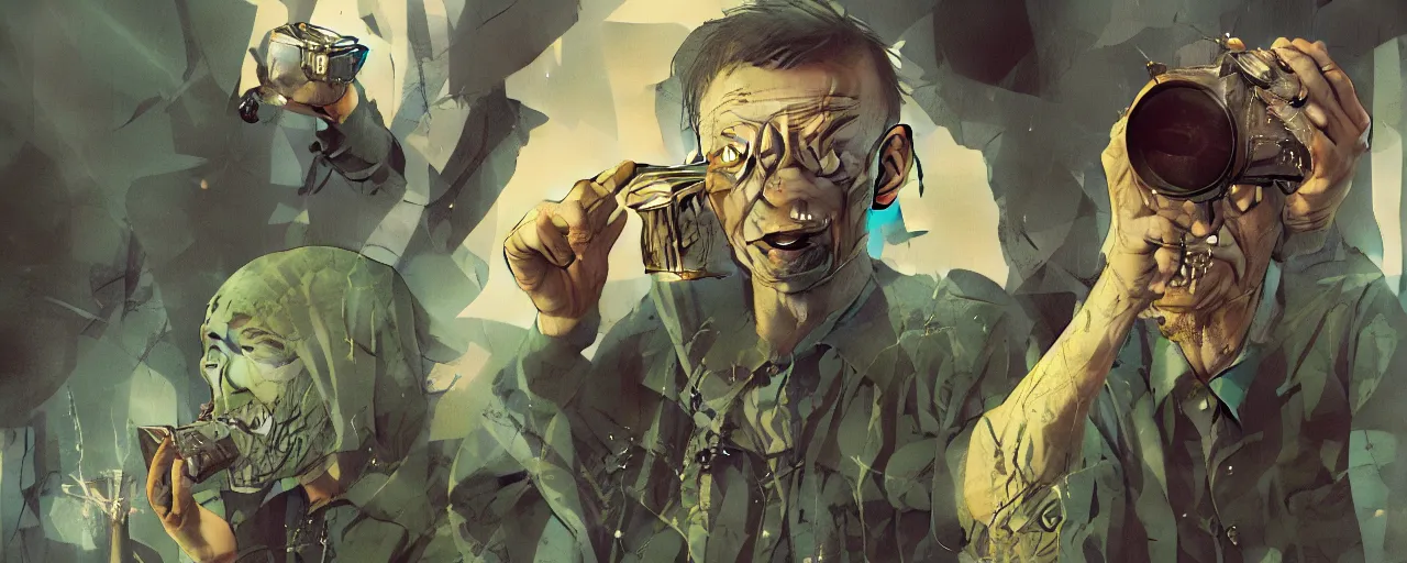 Image similar to duotone olive illustration 3 / 4 portrait of gollum drinking yerba mate from metal cup symmetrical composition accidental renaissance golden ratio. by sachin teng and sergey kolesov and ruan jia and heng z. graffiti art, scifi, fantasy, hyper detailed. octane render. concept art. trending on artstation