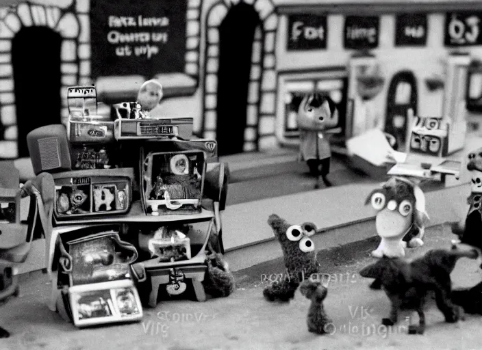 Prompt: a scene from a 1 9 8 0 s british kids tv programme by the bbc and oliver postgate, stop motion animation, postman pat, vhs distortion, folk horror, hauntology