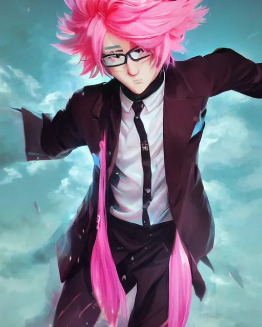 Image similar to Saiki K, Kusuo Saiki, pink hair male protagonist, manga artwork, detailed artwork, by Ruan Jia and Gil Elvgren, fullbody