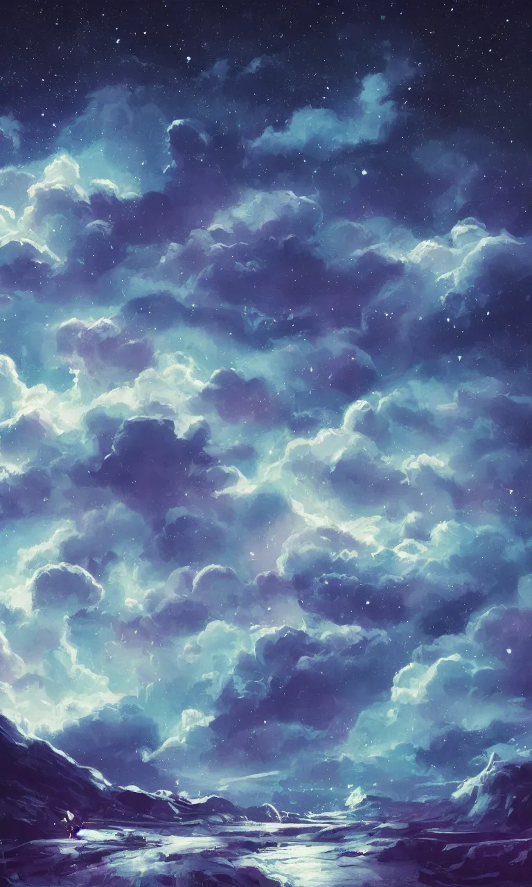 Image similar to a beautiful painting of ice age, starry sky, moon ， cloud, by liam wong and yuumei and yanjun chen, trending on artstation