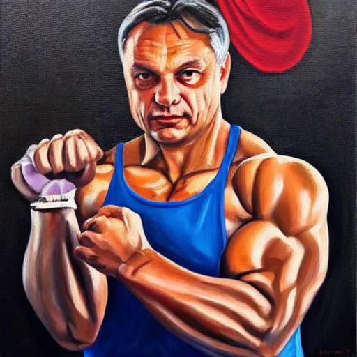 Image similar to viktor orban flexing a biceps, oil painting