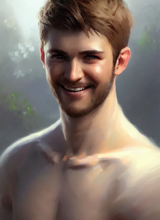 Image similar to a _ fantasy _ style _ portrait _ painting _ of white male short fringe light brown hair short head smiling clean shaven round face rpg dnd oil _ painting _ unreal _ 5 _ daz. _ rpg _ portrait _ extremely _ detailed _ artgerm _ greg _ rutkowski _ greg