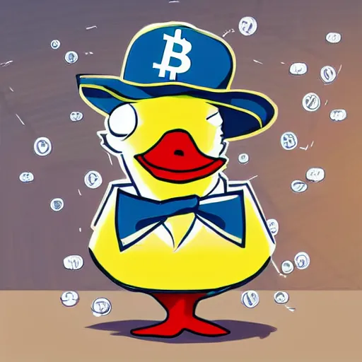 Image similar to digital art, a duck dressed in a jacket suit with a hat predicting a crash in the cryptocurrency markets